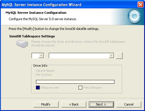 MySQL Server Instance Config Wizard: InnoDB
Data Tablespace